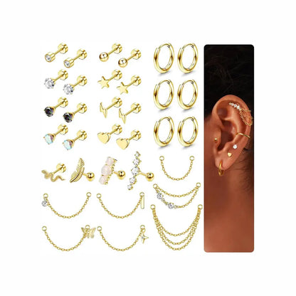 LOLIAS Women's 33Pcs 20G Surgical Steel Cartilage Earring Set - Hypoallergenic Flat Back/Push Back Studs, Hoops, 7 Chain Dangles, Trendy Iridescent Chain, CZ Opal Jewelry for Conch Piercings, Earring Stack, 10mm, Birthday Gift, Body Piercing Kit