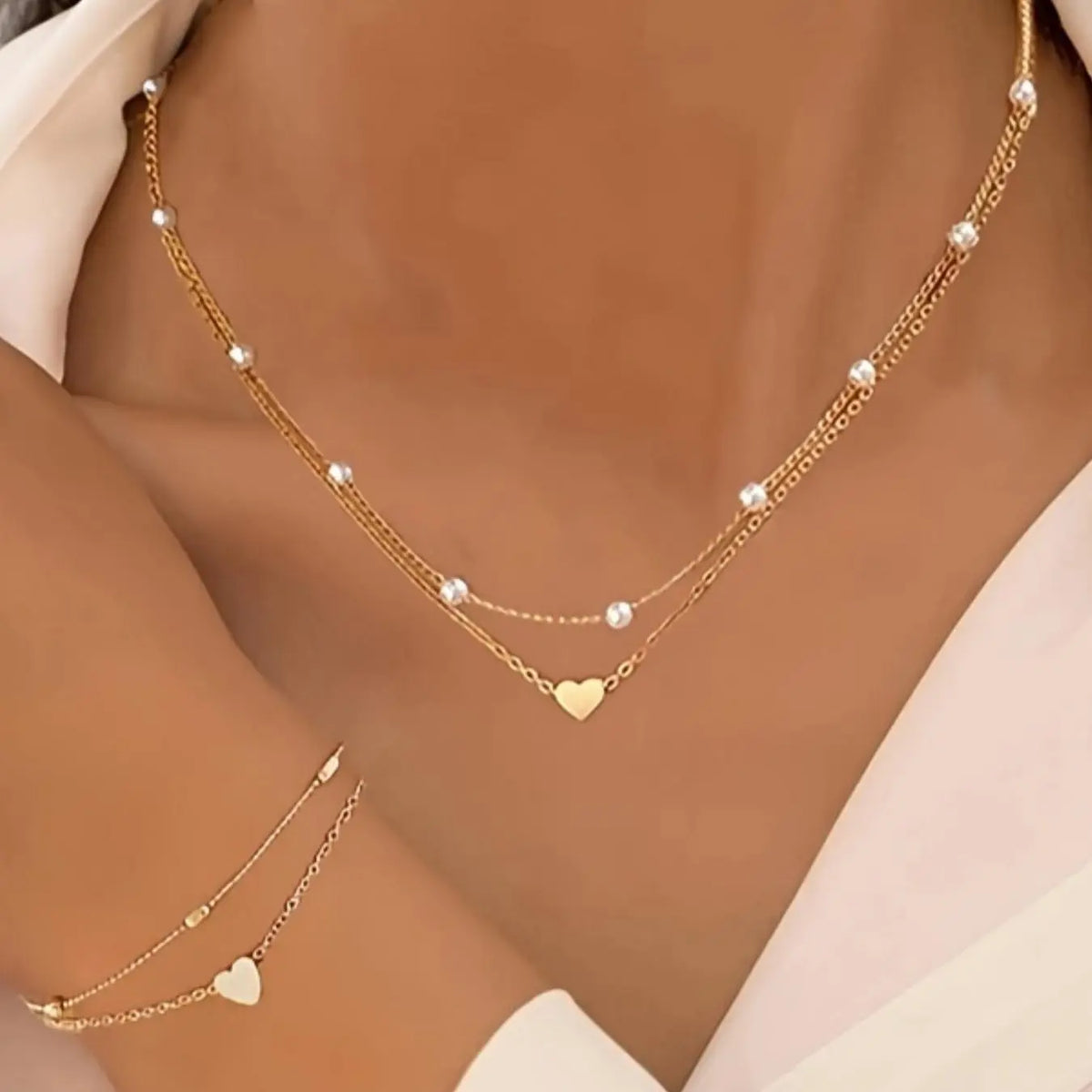 Mother's Day Gift Women's Elegant Faux Pearl Decorated Heart Design Jewelry Set, Trendy Exquisite Necklace & Bracelet, Chic Jewelry Set As Gift for Girlfriend, Fashionable Jewelry Set, Jewellery Gift Set, Heart Shine Set