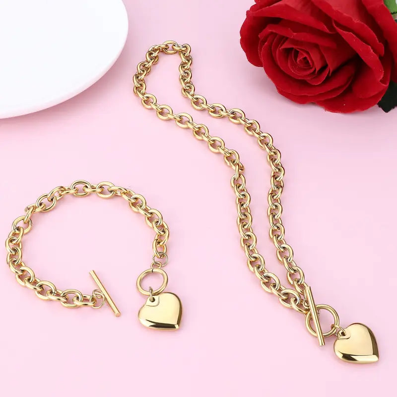 Women's Fashionable 2-Piece Stainless Steel Gold Hearts Jewelry Set - 0.3in Hypoallergenic Chain & Link Bracelet + 18.9in Necklace, 7.5in Toggle Clasp, Daily Durable Gift for Wife, Daughter_Gold
