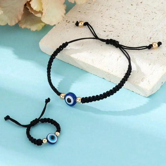 Evil Eye Design Adjustable Bracelet & Ring, Fashionable Matching Jewelry Set for Women & Men, Elegant Jewelry Set, Trendy All-match & Exquisite Jewelry for Birthday Gift, Couples Jewelry Set, Jewellery Gift Set