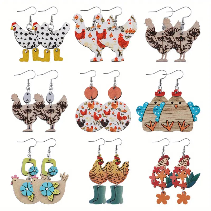 9pairs/set Earring jewelry, Vintage Retro Western Farm Cute Flower Boots Hen Chicken Charm Pendant Earrings, Women's Wooden Double-sided Earrings, Pastoral Earrings Jewelry Gift