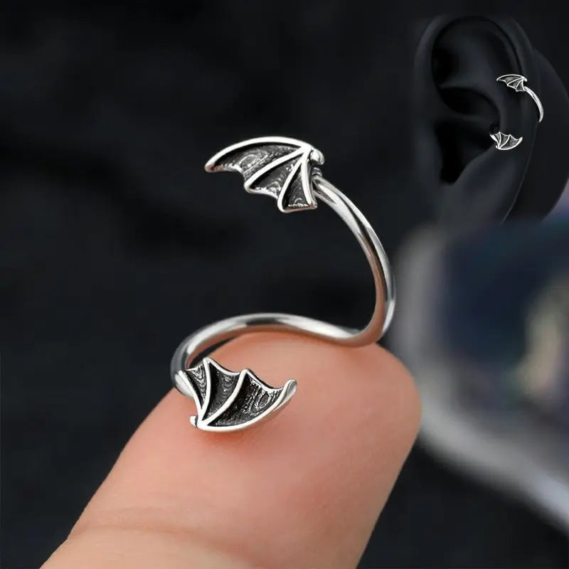 OUFER 16G 316L Stainless Steel S-Shaped Unisex Cartilage Ring - Hypoallergenic Gothic Edge Dark Bat Motif Snakebite Piercing Jewelry with Black Bat Wing Charms