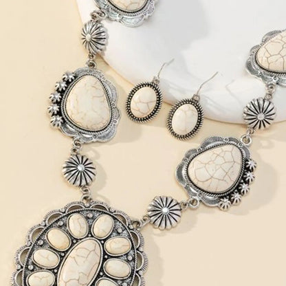 Western Bohemian White Howlite Stone Boho Necklace And Earring Set for Women - Vintage Cowgirl Zinc Alloy Statement Necklace & Dangle Earrings Accessory Necklaces Earrings Set