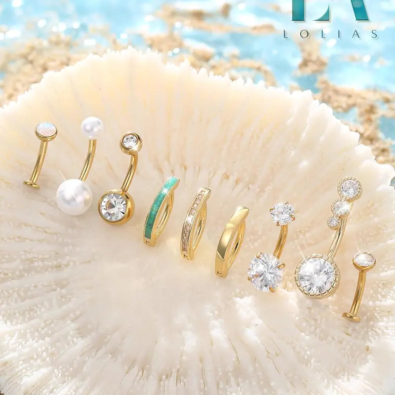 LOLIAS Women's Silver/14 Karat Gold Plated Surgical Stainless Steel CZ Clicker Belly Button Rings Pack for Navel Piercings