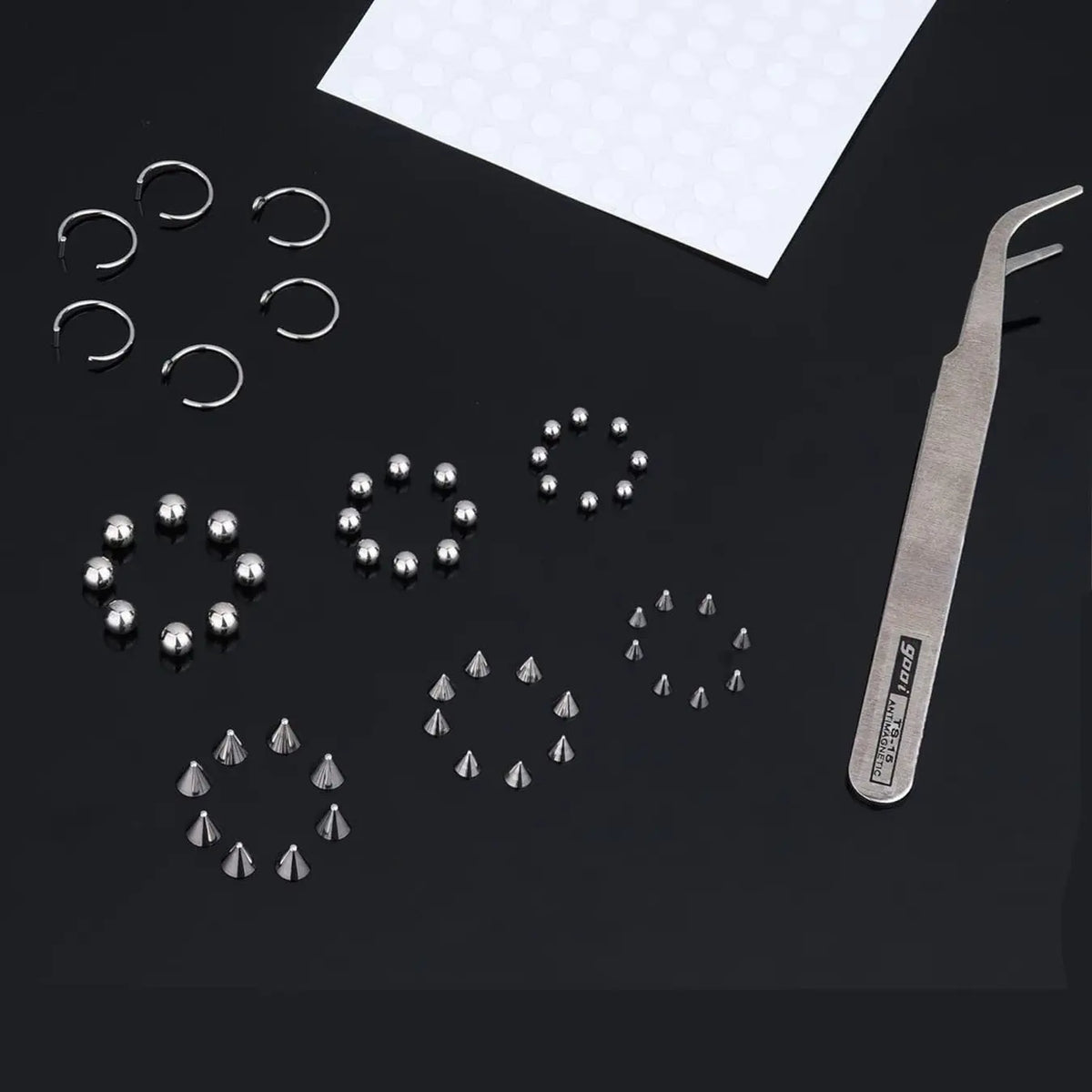 Non-Piercing Fake Eyebrow & Lip Labret Studs Set, Silver Color, 3/4/5mm Sizes, 100pcs Adhesive Included, Spike Design, Fake Piercings