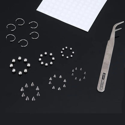 Non-Piercing Fake Eyebrow & Lip Labret Studs Set, Silver Color, 3/4/5mm Sizes, 100pcs Adhesive Included, Spike Design, Fake Piercings