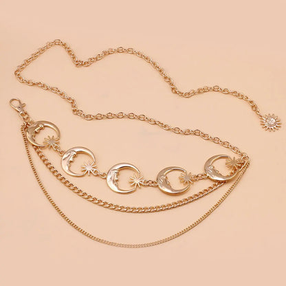 Women's Layered Metal Chain Belt, Gold‑Tone or Silver‑Tone Waist Chain with Moon and Sun Charms, Adjustable Decorative Body Jewelry for Dresses, Skirts, Parties, and Festival Outfits