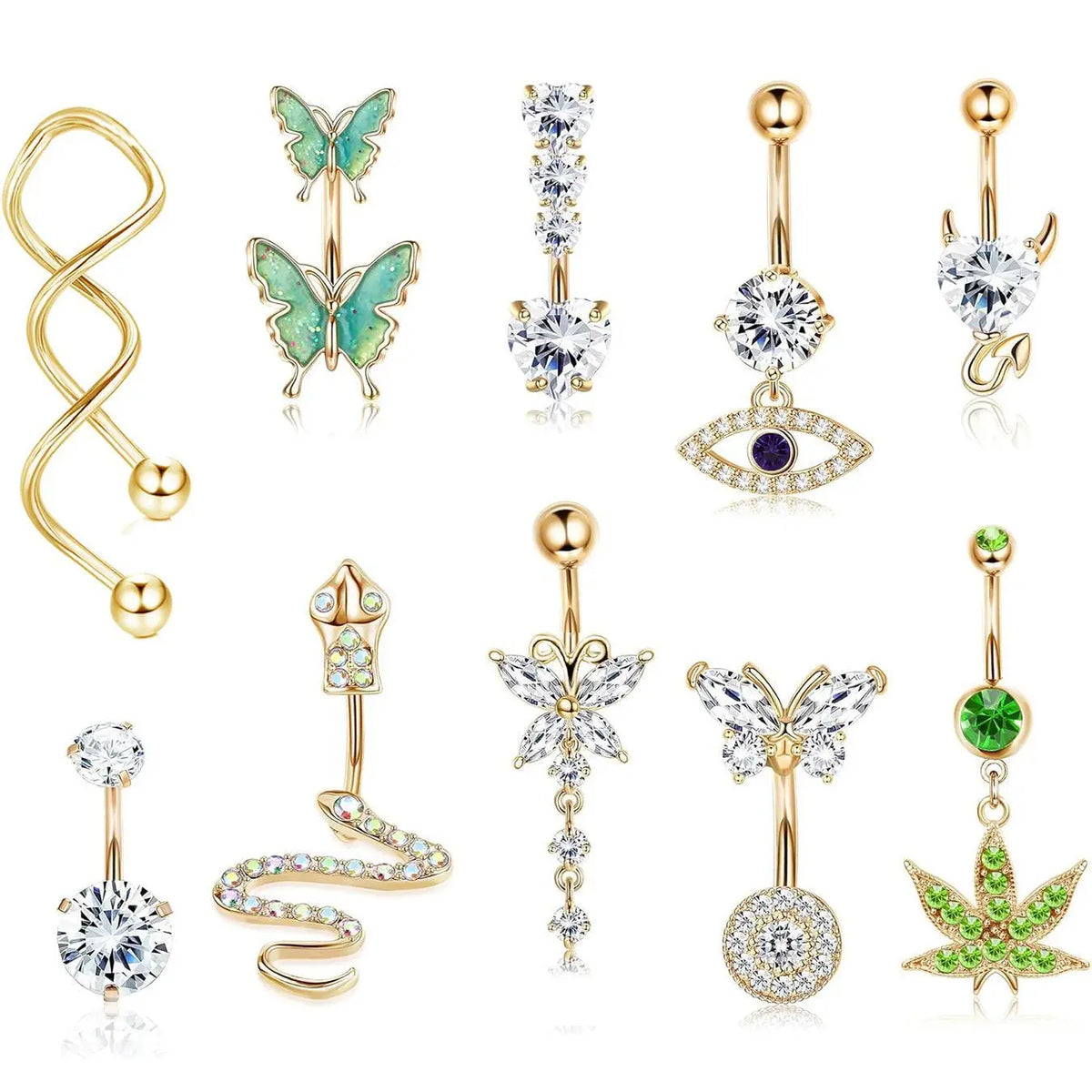Women's Rhinestone Decorated Charms Belly Piercing Chic Body Jewelry, Body Piercings Set, Belly Button Rings, New Summer 2024 Butterfly & Eye & Snake & Heart Navel Real Jewelry Sets for Women Girls, Body Jewellery