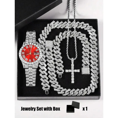 Unisex 3-Piece Punk Jewellery Exquisite Watch Set, Set Includes Rhinestone Shine Cross Pendant Necklace, Adjustable Alloy Bracelet & Exquisite Watch for Everyday Wear