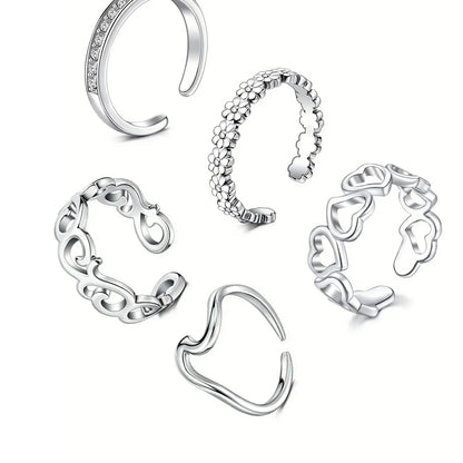 Punk Style Stainless Steel Toe Ring (5counts/set), Adjustable Open Toe Ring, Fashionable Rhinestone Decorated Toe Ring for Women & Men, Non Tarnish Jewelry, Maximalist Jewelry, Body Jewelry, Body Jewellery