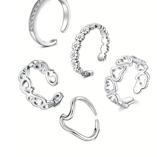 Punk Style Stainless Steel Toe Ring (5counts/set), Adjustable Open Toe Ring, Fashionable Rhinestone Decorated Toe Ring for Women & Men, Non Tarnish Jewelry, Maximalist Jewelry, Body Jewelry, Body Jewellery