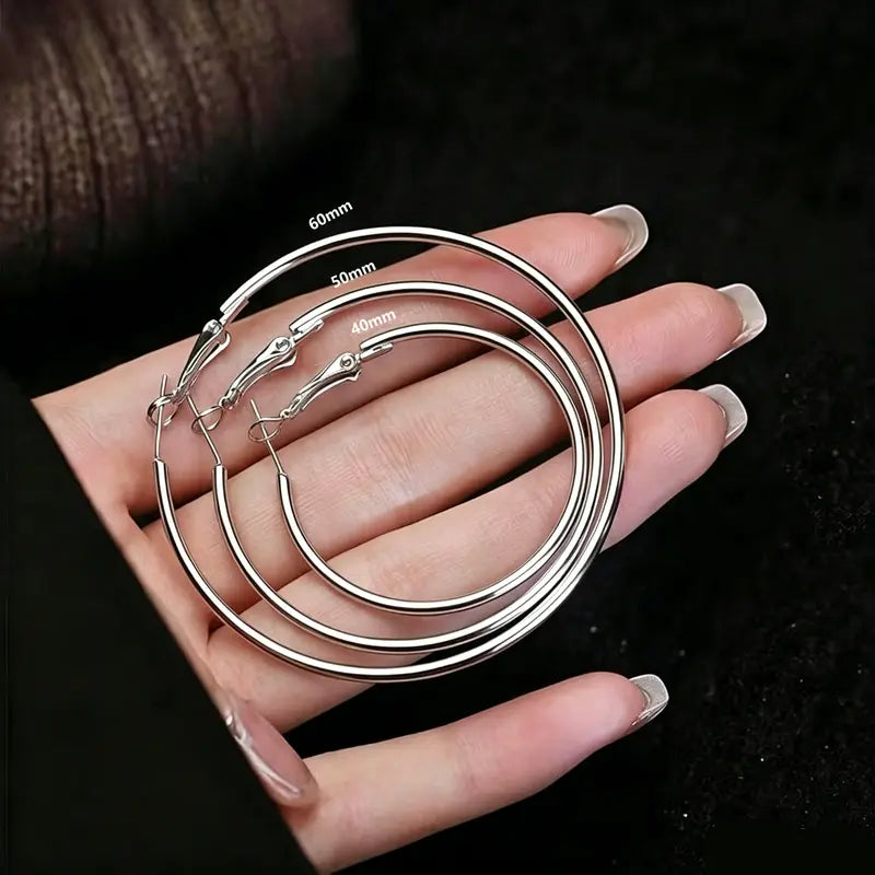 Women's Oversize Hoop Earrings Set - 3 Pairs (40mm, 50mm, 60mm) Thin Silver Big Hoops, Hypoallergenic Circle Earrings for Daily Wear, Fashionable Multi-Size Bold Design Accessories for Women
