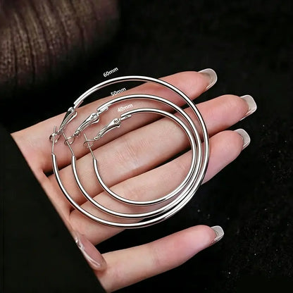 Women's Oversize Hoop Earrings Set - 3 Pairs (40mm, 50mm, 60mm) Thin Silver Big Hoops, Hypoallergenic Circle Earrings for Daily Wear, Fashionable Multi-Size Bold Design Accessories for Women