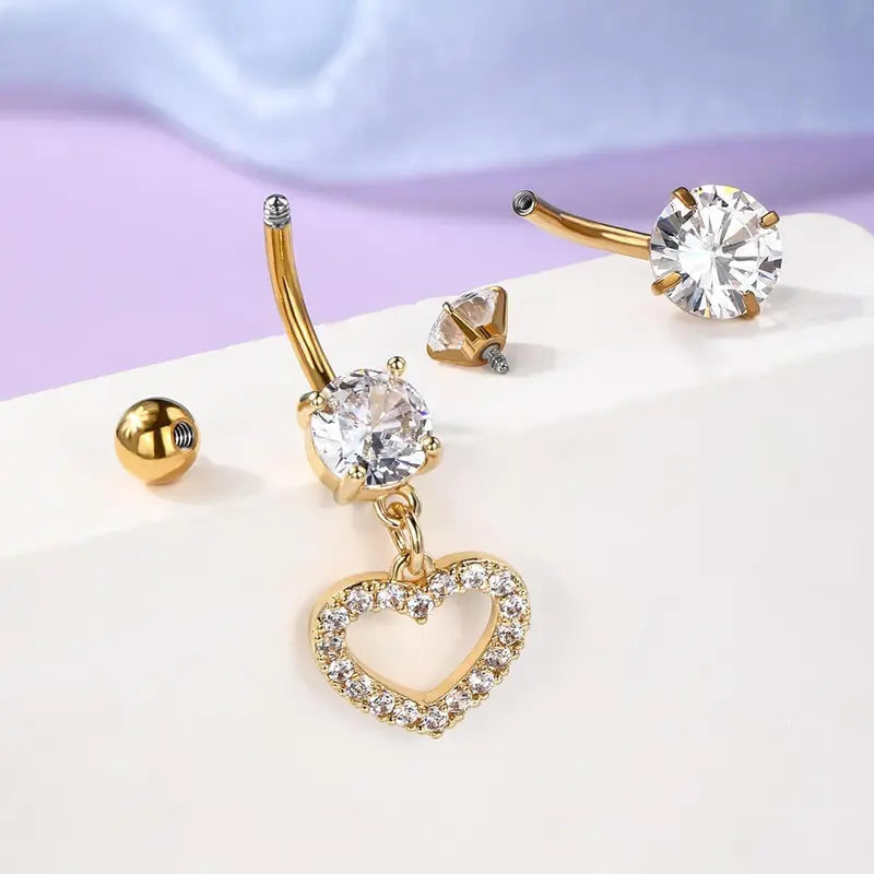 OUFER Women's Goldtone Glow Navel Piercing Body Jewellery Set, 5pcs for Styling 14G 10mm Belly Button Rings with Rhinestone Crystals, Classic Flower & Heart Designs for Female Body Art
