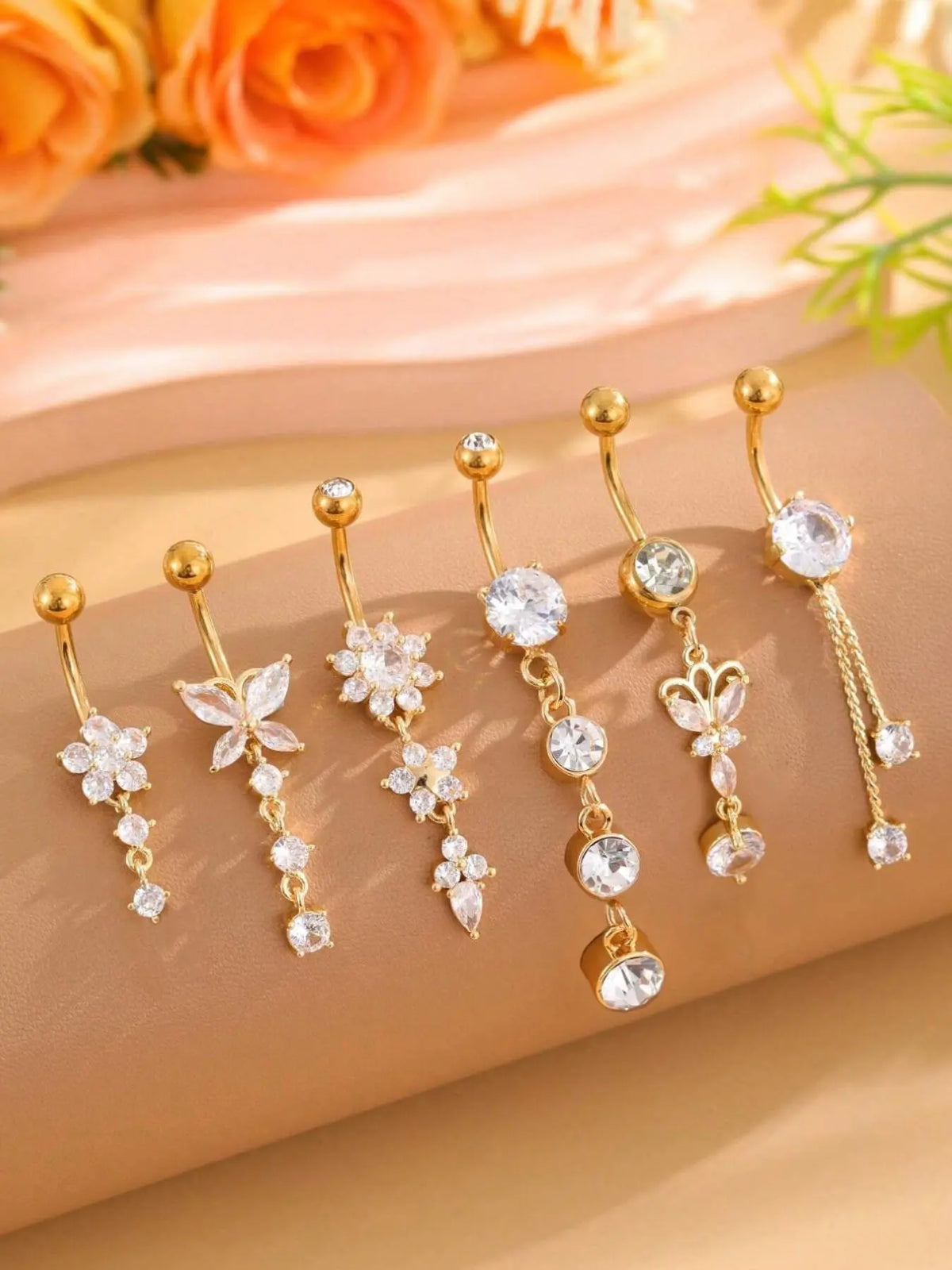 Women's Elegant Butterfly & Flower Design Belly Rings, Stainless Steel Sparkling Zircon Inlay Belly Button Rings, Navel Ring, Cute Trendy Belly Piercing Jewelry, Fashion Artificial Zircon Body Jewelry for Party & Daily Wear