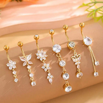 Women's Elegant Butterfly & Flower Design Belly Rings, Stainless Steel Sparkling Zircon Inlay Belly Button Rings, Navel Ring, Cute Trendy Belly Piercing Jewelry, Fashion Artificial Zircon Body Jewelry for Party & Daily Wear