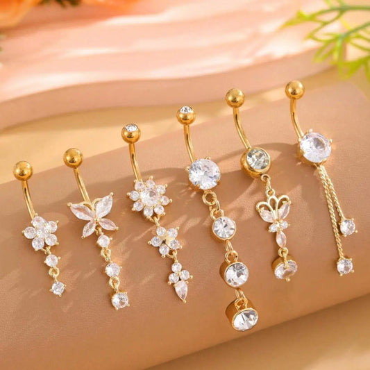 Women's Elegant Butterfly & Flower Design Belly Rings, Stainless Steel Sparkling Zircon Inlay Belly Button Rings, Navel Ring, Cute Trendy Belly Piercing Jewelry, Fashion Artificial Zircon Body Jewelry for Party & Daily Wear