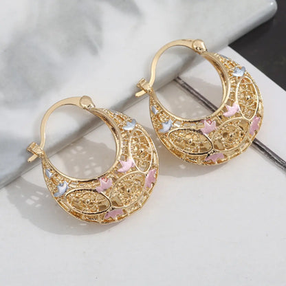 Mexican-style sunflower pattern gold-coloured hollow hoop earrings, hoop shape earrings, elegant party earrings, the perfect anniversary gift for mothers and couples, earrings jewelry