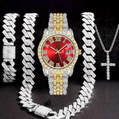 Unisex 3-Piece Punk Jewellery Exquisite Watch Set, Set Includes Rhinestone Shine Cross Pendant Necklace, Adjustable Alloy Bracelet & Exquisite Watch for Everyday Wear