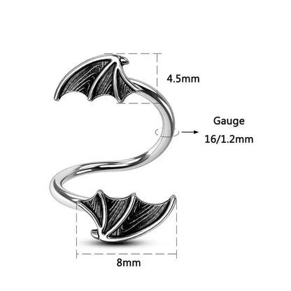 OUFER 16G 316L Stainless Steel S-Shaped Unisex Cartilage Ring - Hypoallergenic Gothic Edge Dark Bat Motif Snakebite Piercing Jewelry with Black Bat Wing Charms