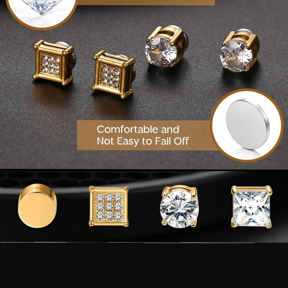 4 Pairs Stainless Steel Magnetic Stud Earrings for Men Women Gold CZ Non-Piercing Clip On Stud Earrings Set Non Pierced Earrings 7-8MM Jewellery Accessories