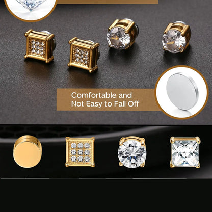 4 Pairs Stainless Steel Magnetic Stud Earrings for Men Women Gold CZ Non-Piercing Clip On Stud Earrings Set Non Pierced Earrings 7-8MM Jewellery Accessories