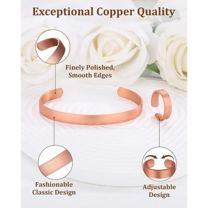 Pure Copper Bracelet & Ring for Women Men, 99.99% Solid  Copper Cuff Bangle, Adjustable   with  Box
