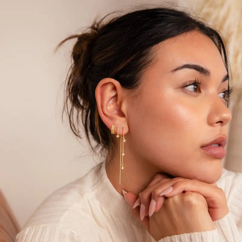 Women's 3-Piece Hypoallergenic Gold Plating Chain Dangle Earrings Set - Non-Tarnish Gold Sparkling Stone Earrings for Ear Stacking, Bling Effect, Daily Elegance, Bridal & Party Wear, Accessories Adults Female
