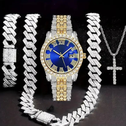 Unisex 3-Piece Punk Jewellery Exquisite Watch Set, Set Includes Rhinestone Shine Cross Pendant Necklace, Adjustable Alloy Bracelet & Exquisite Watch for Everyday Wear