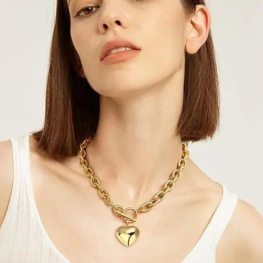 Women's Fashionable 2-Piece Stainless Steel Gold Hearts Jewelry Set - 0.3in Hypoallergenic Chain & Link Bracelet + 18.9in Necklace, 7.5in Toggle Clasp, Daily Durable Gift for Wife, Daughter_Gold