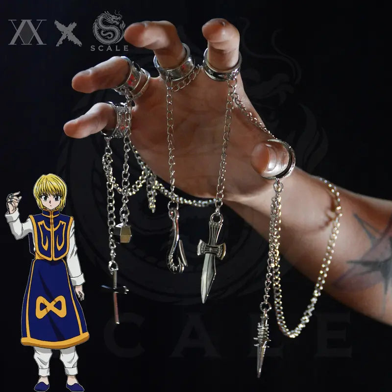 Unisex Anime-Inspired Metal Chain-Link Bracelet with 5-Ring Kurapika Finger Chains, Hunter x Hunter Cosplay Collectible - Casual Costume Jewelry for Cosplay Events, Flower Accent, Small Parts Choking Hazard Note