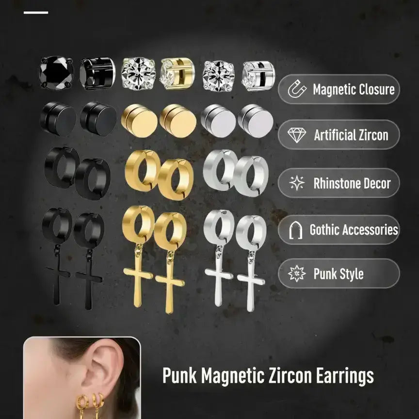 Men's Punk Style Stainless Steel Artificial Zircon Magnetic Earrings, Cross Design Jewelry for Party & Daily Wear, Ideal Gifts, Non-Piercing Earrings, Non Pierced Jewelry, Rhinestone Decorated Bling, Sparkling Ear Jewelry