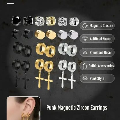 Men's Punk Style Stainless Steel Artificial Zircon Magnetic Earrings, Cross Design Jewelry for Party & Daily Wear, Ideal Gifts, Non-Piercing Earrings, Non Pierced Jewelry, Rhinestone Decorated Bling, Sparkling Ear Jewelry