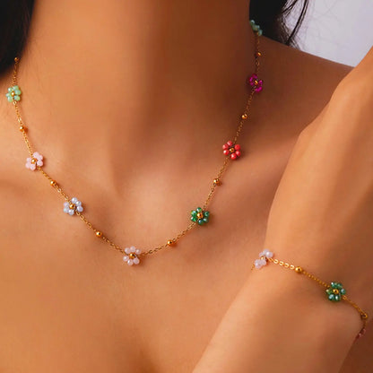Women's Stainless Steel Handmade Flower Bracelet Necklace Set, Waterproof Rust-Resistant Matching Jewelry Set for Beach Vacation Daily Wear Gift Waterproof Jewelry Sets Trendy Fashionable Jewelry Set, Jewellery Gift Set