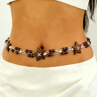 1pc Fashionable Sexy Bohemian Style Waist Chain Body Jewelry, Adjustable Double-Layer Floral Pendant Belly Chain & Beaded/Chain Star, Suitable For Daily Wear, Party, Dance, Beach, Bikini Body Jewelry Accessory, Chic Body Jewelry