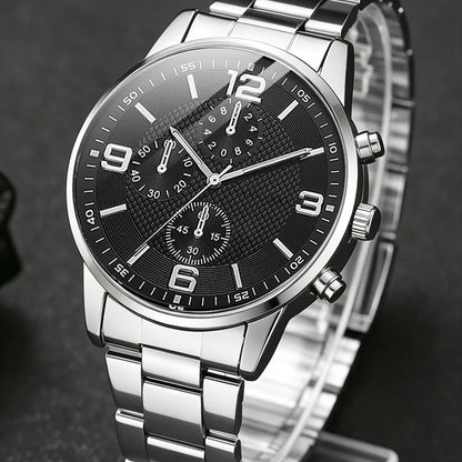 Trendy Silver Color Watch Face, Men's Roman Numerals Quartz Watch Set with Necklace Bracelet Ring, Perfect Birthday Gift for Him, Fashionable Jewelry Set