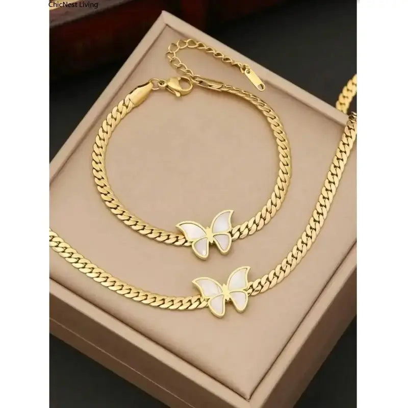 Women's Gold Stainless Steel Butterfly Motif 2-Piece Necklace and Bracelet Set - Golden Jewelry Set with Gold Chain, Durable Steel Sports Wristband, Gift-Ready Gifting Option for DIY Bag Accents