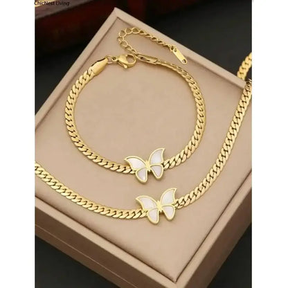 Women's Gold Stainless Steel Butterfly Motif 2-Piece Necklace and Bracelet Set - Golden Jewelry Set with Gold Chain, Durable Steel Sports Wristband, Gift-Ready Gifting Option for DIY Bag Accents