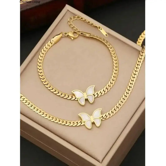 Women's Gold Stainless Steel Butterfly Motif 2-Piece Necklace and Bracelet Set - Golden Jewelry Set with Gold Chain, Durable Steel Sports Wristband, Gift-Ready Gifting Option for DIY Bag Accents