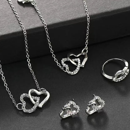 Mother's Day Gift Rhinestone Decor Hollow Out Heart Design Jewelry Set, Elegant Necklace & Bracelet & Earrings & Ring Set, Fashion Exquisite Matching Jewelry Set for Women's Gift, Valentine's, Jewellery Gift Set, Necklaces Earrings Set