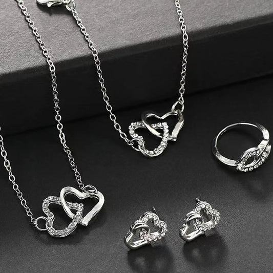 Mother's Day Gift Rhinestone Decor Hollow Out Heart Design Jewelry Set, Elegant Necklace & Bracelet & Earrings & Ring Set, Fashion Exquisite Matching Jewelry Set for Women's Gift, Valentine's, Jewellery Gift Set, Necklaces Earrings Set