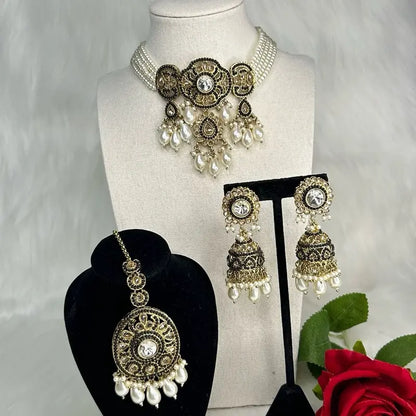 Pakistani Style Pearls Choker Necklace with Jhumka and Tikka Jewelry Set, Elegant Design for Women