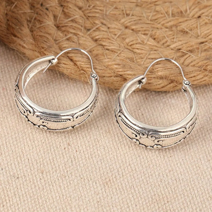 Bohemian Earrings, Silver Color Women's Earrings, Handmade Earrings, Gift for Her, Textured Silver Earrings, Fashion Jewelry, Stylish Jewelry, Hoop Shape Earrings, Fashionable Hoop Earrings, Hoops Shape Earrings