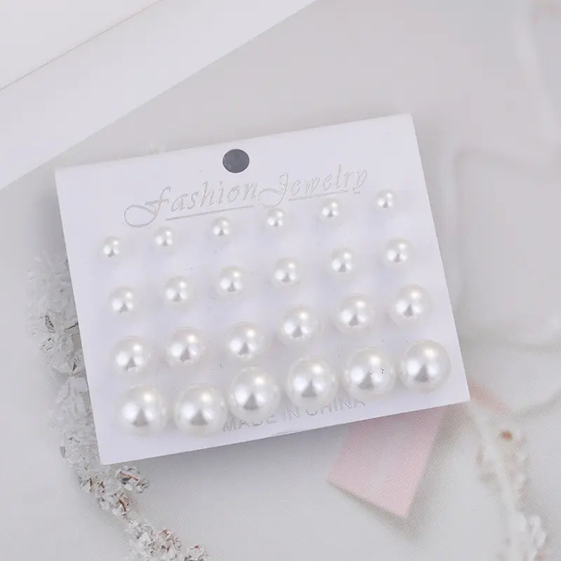 24PCS Elegant Women Faux Pearl Ear Studs 12-Pairs Vintage Handmade Pearl Earrings Set Bohemian Mixed Size Cartilage Piercing Studs Earrings Set