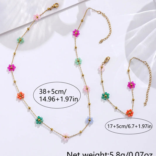Women's Stainless Steel Handmade Flower Bracelet Necklace Set, Waterproof Rust-Resistant Matching Jewelry Set for Beach Vacation Daily Wear Gift Waterproof Jewelry Sets Trendy Fashionable Jewelry Set, Jewellery Gift Set