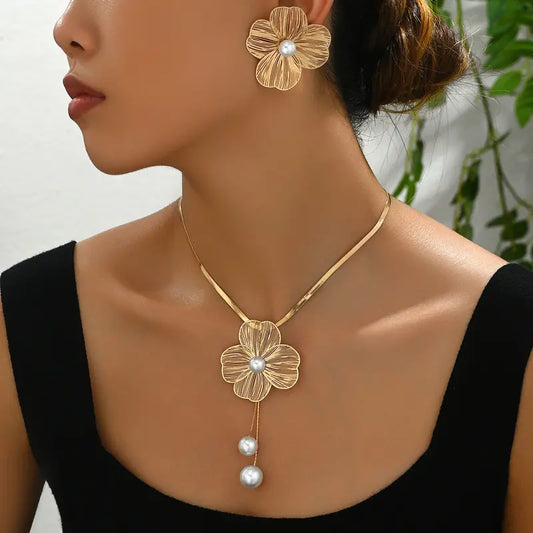 Women's Vintage 3-Piece Polished Elegant Jewelry Set - Durable Copper/Zinc Metal for Long Use, Layered Floral Charm Necklace, Earrings, Bracelet, Minimalist Look Anniversary Party Accessories with Free Gift, Jewelry for Women Matching Sets