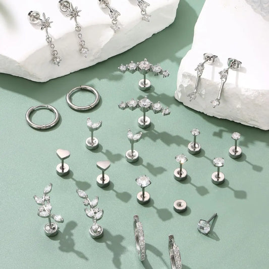 12 Pairs Women's Hypoallergenic Stud and Hoop Earrings Set, Stainless Steel Huggie Earrings for Multiple Piercings, Stainless Steel Hoops, Stackable Silver-Tone Options, Earrings Jewelry