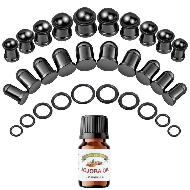 Stainless Steel Ear Stretching Kit (12-26Pcs) - 1-7mm/7.5-12mm Plugs with O-Rings, Jojoba Oil Aftercare, Gauge Tunnels for Stretched Ears Style, Body Piercing Jewelry for Adults, Ear Gauge Tunnels