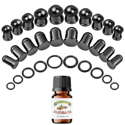 Stainless Steel Ear Stretching Kit (12-26Pcs) - 1-7mm/7.5-12mm Plugs with O-Rings, Jojoba Oil Aftercare, Gauge Tunnels for Stretched Ears Style, Body Piercing Jewelry for Adults, Ear Gauge Tunnels