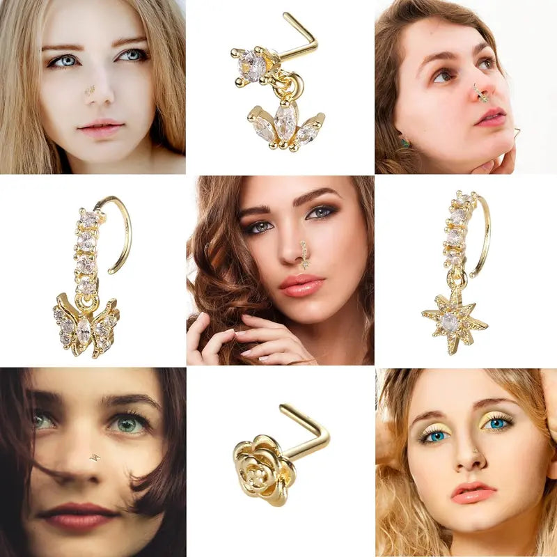 20Pcs 20G Gold Tone Nose Rings Set for Women, Stainless Steel L Shaped Nose Studs & C Shaped Dangle Rings, CZ Butterfly Flower Moon Star Nostril Piercing Jewelry